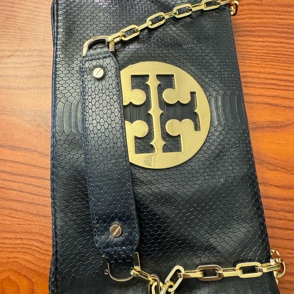 Tory Burch Reva Clutch Blue Leather Snakeskin Print Chain Handbag bag RARE - Picture 9 of 12